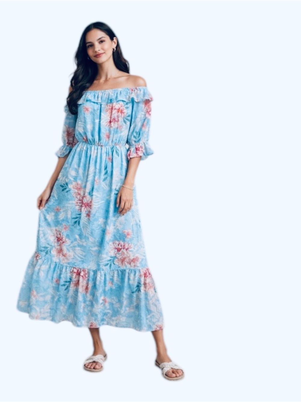 Willow Drive Blue Floral Off Shoulder Maxi Dress Size M Ruffle Boho